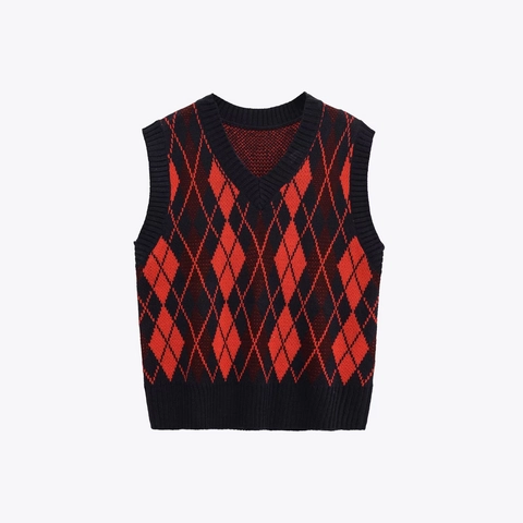 Gilet in Maglia a Rombi Retrò da Donna Scollo a V Senza Maniche Fantasia Geometrica Stile Accademia Top Pullover Casual