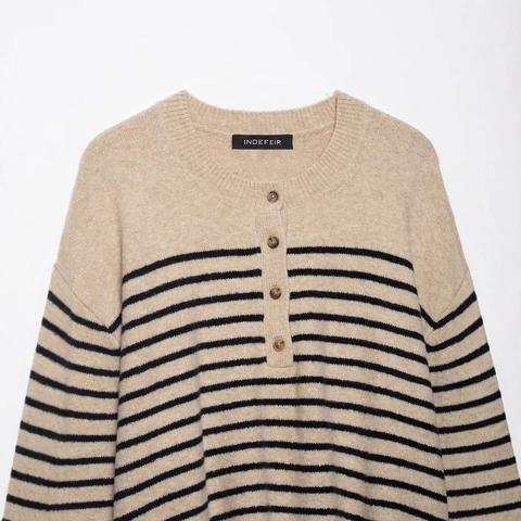 Jersey de Punto a Rayas para Mujer Cuello Redondo con Botones Manga Larga Pullover de Poliéster Suave Estilo Urbano Otoño Caqui