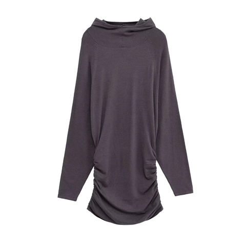 Women's Casual Hooded Long Sleeve Knit Maxi Dress Slim Fit Ruched Solid Color Street Style Polyester Dress