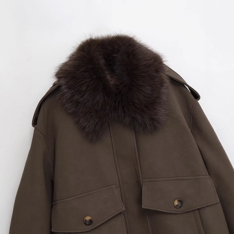 Giacca Bomber Vintage da Donna Con Collo in Ecopelliccia Marrone Scuro Cappotto Imbottito Casual Con Cerniera e Grandi Tasche
