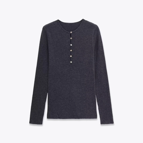 Damen Casual Rippstrick Pullover Slim Fit Rundhals Langarm Henley Top Mit Knöpfen Einfarbig Polyester Pullover