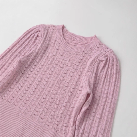 Women's Casual Pink Pointelle Knitted Sweater Long Sleeve Round Neck Solid Color Lightweight Breathable Pullover Knitwear Top