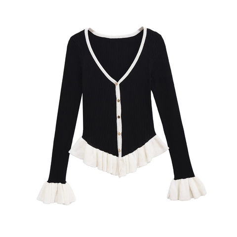 Dames Chic Ribgebreid Vest Contrastkleur Ruffle Trim V-Hals Lange Mouw Knoopsluiting Gebreide Trui Top
