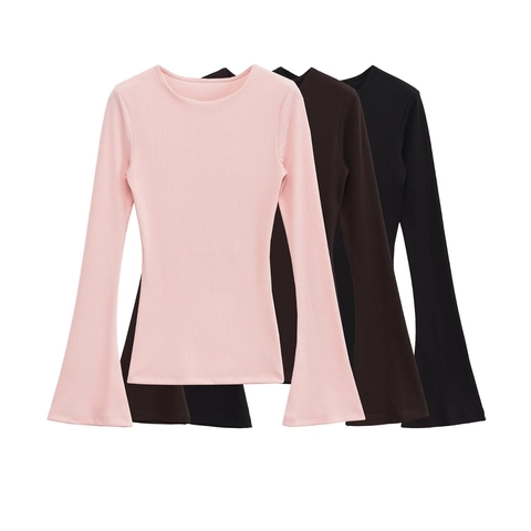 Γυναικείο Ριμπ Πλεκτό Slim Fit Μακρυμάνικο T-Shirt Μανίκι Καμπάνα Στρογγυλή Λαιμόκοψη Μονόχρωμο Streetwear Τοπ