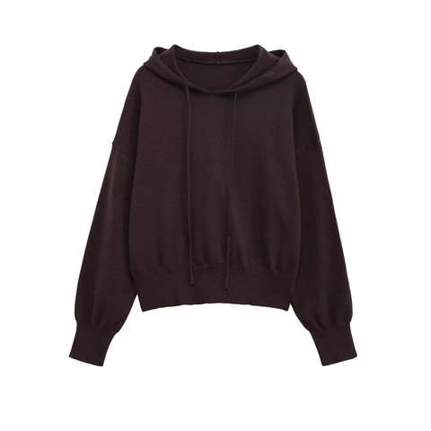 Women's Casual Knit Hoodie Solid Color Long Sleeve Drawstring Hooded Sweatshirt Ribbed Trim Loose Pullover Top