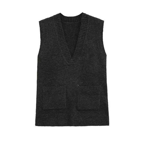 Damen Casual Strickweste mit V-Ausschnitt Ärmelloser Pullover mit Vordertaschen Rippensaum Einfarbiges Polyester-Strickoberteil