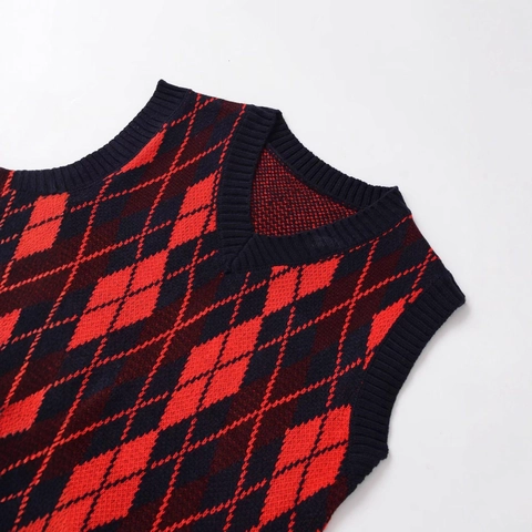 Gilet in Maglia a Rombi Retrò da Donna Scollo a V Senza Maniche Fantasia Geometrica Stile Accademia Top Pullover Casual