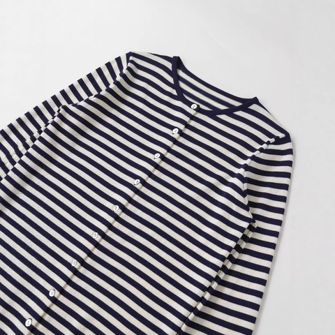 Women Striped Knit Cardigan Round Neck Long Sleeve Button Up Sweater Casual Navy Blue White Ribbed Knitwear Top