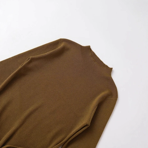Women's Casual Long Sleeve Knitted Sweater Mock Neck Tie Waist Bow Decorative Solid Color Slim Fit Pullover Top