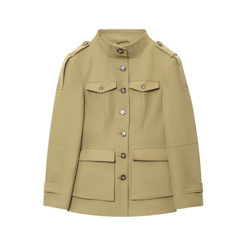 Veste Field Kaki de Style Militaire pour Femmes Avec Poches Épaulettes Simple Boutonnage Col Montant Manches Longues Top Décontracté