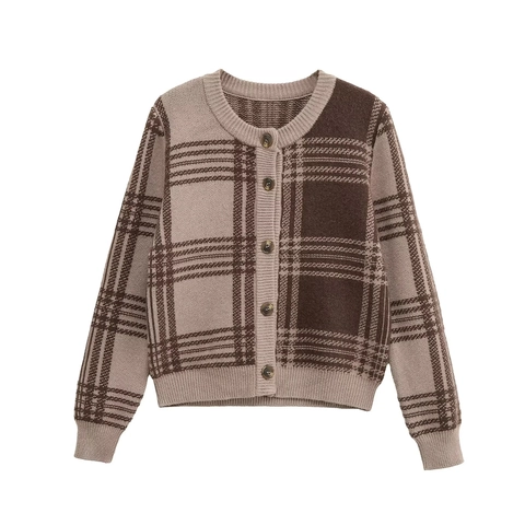 Vintage Karo Strickjacke Für Damen Rundhalsausschnitt Langarm Einreihig Schachbrettmuster Braun Pullover Strickwaren Top