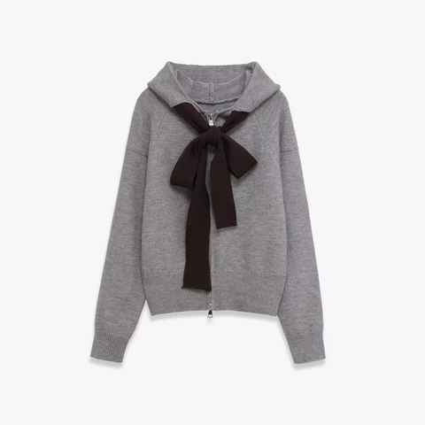 Women's Casual Knit Hooded Cardigan Zip Up Jacket With Large Bow Neckline Long Sleeve Slim Fit Soft Polyester Knitwear Sweater