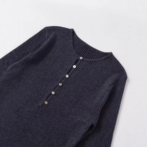 Damen Casual Rippstrick Pullover Slim Fit Rundhals Langarm Henley Top Mit Knöpfen Einfarbig Polyester Pullover