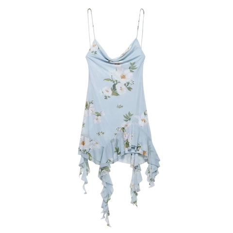 Elegant Women Summer Floral Mesh Spaghetti Strap Mini Dress Cowl Neck Asymmetric Ruffle Hem Vacation Party Sundress