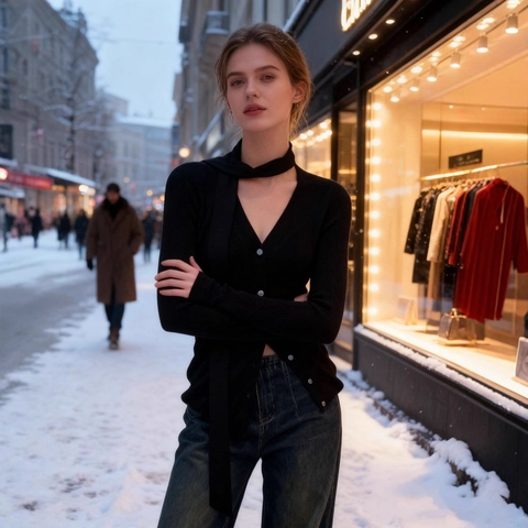 Women Slim Fit Rib Knit Cardigan With Matching Scarf V Neck Long Sleeve Solid Color Button Down Casual Knitwear Top