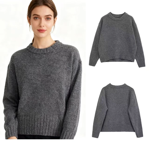 Damen Casual Rundhals Langarm Strickpullover Locker Einfarbig Polyester Rippbündchen Fashion Streetwear Pullover Top