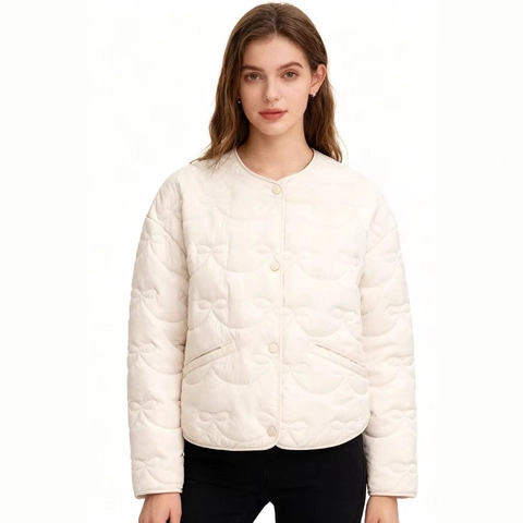 Women Casual Bow-Knot Quilted Jacket Round Neck Long Sleeve Padded Coat Loose Fit Solid Color Streetwear Outerwear