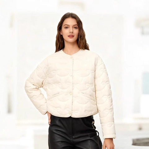 Women Casual Bow-Knot Quilted Jacket Round Neck Long Sleeve Padded Coat Loose Fit Solid Color Streetwear Outerwear