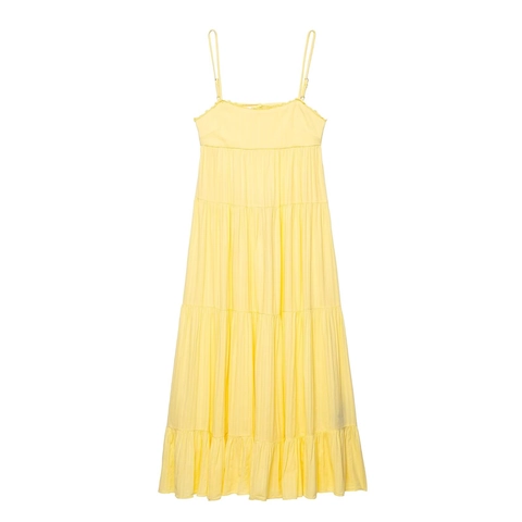 Women Elegant Yellow Spaghetti Strap Tiered Maxi Dress Summer Vacation Sleeveless Ruffle A-Line Textured Solid Long Dress