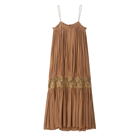 Bohemian Coffee Spaghetti Strap Pleated Maxi Dress Elegant Lace Patchwork Floral Embroidery Summer Vacation Long Dress