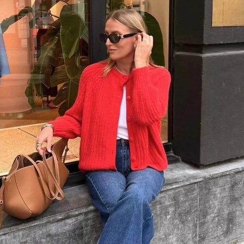 Women Solid Color Chunky Knit Cardigan Round Neck Button Down Loose Casual Autumn Sweaters Knitwear Coat
