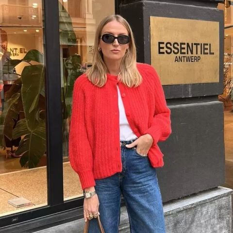 Women Solid Color Chunky Knit Cardigan Round Neck Button Down Loose Casual Autumn Sweaters Knitwear Coat