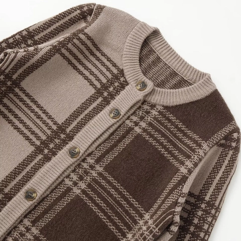Vintage Karo Strickjacke Für Damen Rundhalsausschnitt Langarm Einreihig Schachbrettmuster Braun Pullover Strickwaren Top