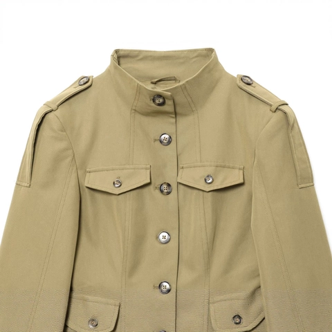 Veste Field Kaki de Style Militaire pour Femmes Avec Poches Épaulettes Simple Boutonnage Col Montant Manches Longues Top Décontracté