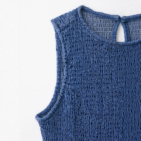 Damen Casual Ärmellos Gesmokt A-Linie Mini Kleid Rundhals Denim Blau Elegant Sommer Plissee Kurz Kleid Für Den Alltag