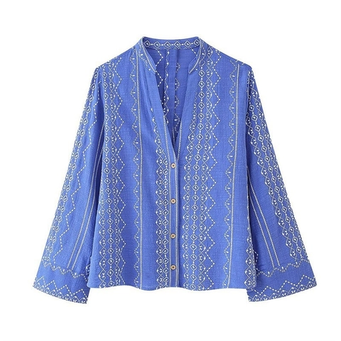 Dames Etnische Boheemse Geborduurde V-Hals Blouse Katoenmix Lange Mouw Los Overhemd Geometrisch Patroon Vintage Vakantie Top
