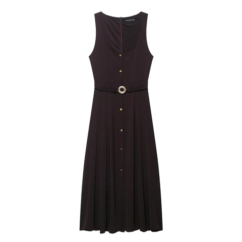 Women Sleeveless Midi Dress Elegant Coffee Solid Color Belted Gold Button Dress Retro Office Lady Summer Polyester Robe