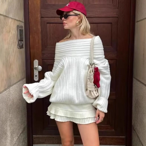 Pull Décontracté à Épaules Dénudées pour Femmes en Maille Côtelée Couleur Unie Manches Longues Haut Oversized Mode Streetwear