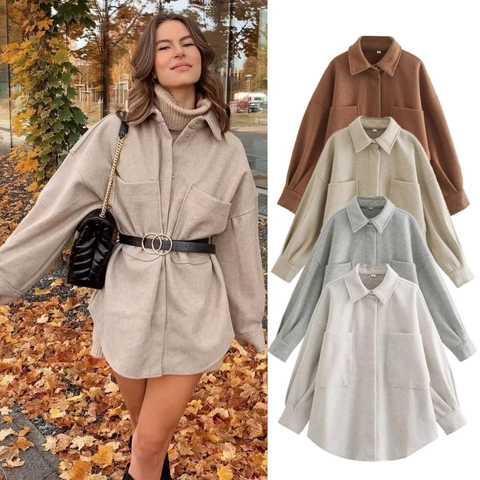 Women's Oversized Wool Blend Shacket Shirt Jacket With Big Pockets Casual Lapel Long Sleeve Loose Outerwear Streetwear Coat