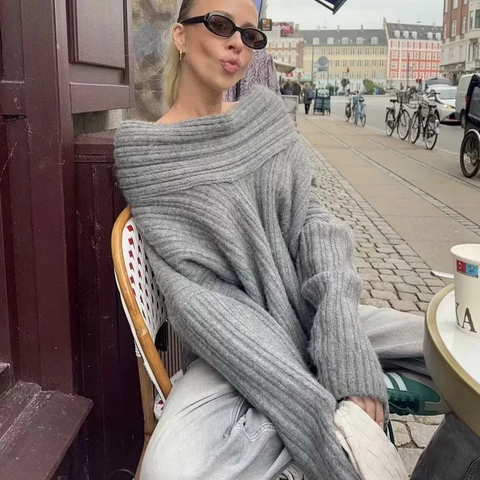 Pull Décontracté à Épaules Dénudées pour Femmes en Maille Côtelée Couleur Unie Manches Longues Haut Oversized Mode Streetwear
