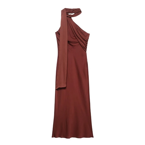 Elegante Abito Midi in Raso Rosso Vino per Donna Con Collo a Sciarpa Asimmetrico Senza Maniche Plissettato Drappeggiato