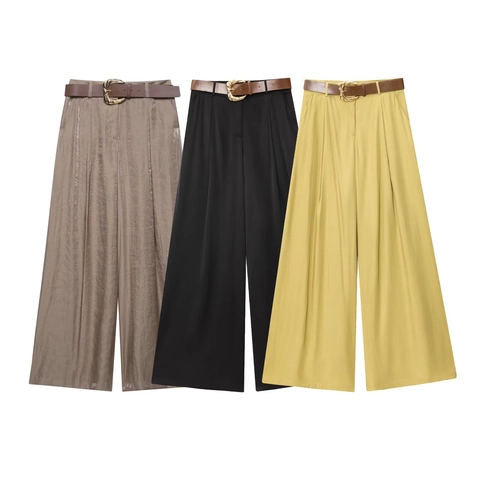 Pantaloni a Gamba Larga a Vita Alta da Donna Finitura Satinata Con Cintura Casual Elegante Tinta Unita Culotte Lunghe