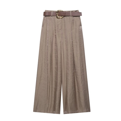 Pantaloni a Gamba Larga a Vita Alta da Donna Finitura Satinata Con Cintura Casual Elegante Tinta Unita Culotte Lunghe