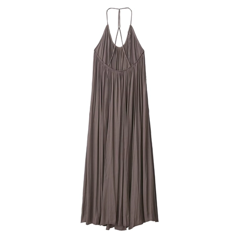 Vestido Largo Plisado con Cuello Halter para Mujer Gris Pardo Elegante Espalda Descubierta Textura Satén Sin Mangas Línea A