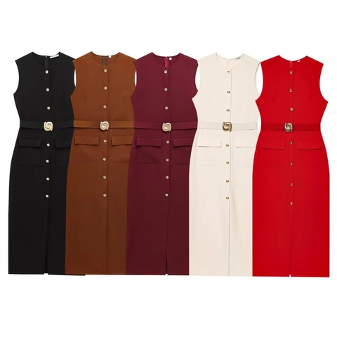 Damen Elegant Ärmellos Mittellang Kleid Mit Gürtel Gold Knöpfe Einfarbig Baumwollmischung Freizeit Büro Party Kleid