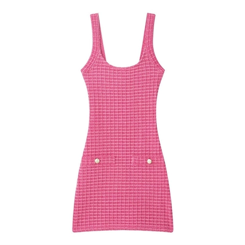 Elegante Mini Vestido Sin Mangas de Punto Gofre para Mujer Ajuste Ceñido Estilo Fragancia Pequeña con Botones de Metal Color Sólido
