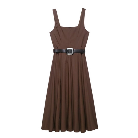 Elegante Vestido Midi Sin Mangas Con Cuello Cuadrado Color Café Con Cinturón Negro Mujer Color Sólido Dobladillo Acampanado Poliéster Vestido de Conmutación