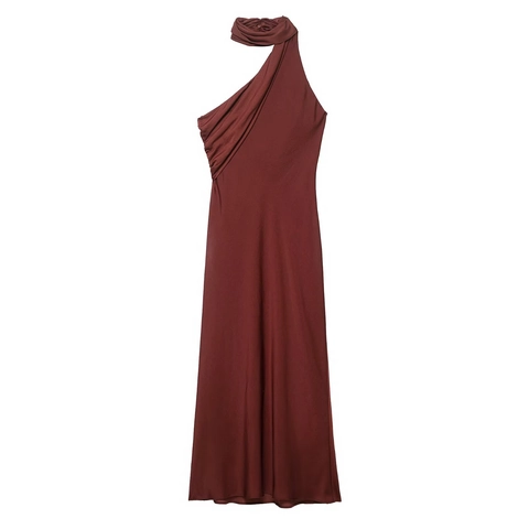Elegante Abito Midi in Raso Rosso Vino per Donna Con Collo a Sciarpa Asimmetrico Senza Maniche Plissettato Drappeggiato