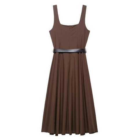 Elegante Vestido Midi Sin Mangas Con Cuello Cuadrado Color Café Con Cinturón Negro Mujer Color Sólido Dobladillo Acampanado Poliéster Vestido de Conmutación