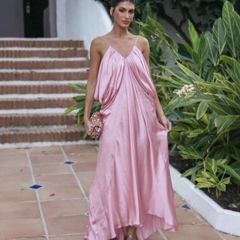 Women's Elegant Pink Satin Slip Dress Deep V-Neck Backless Gathering Draped Maxi Party Dress Solid Color Sleeveless Gown