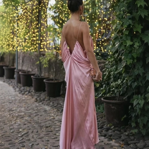 Women's Elegant Pink Satin Slip Dress Deep V-Neck Backless Gathering Draped Maxi Party Dress Solid Color Sleeveless Gown