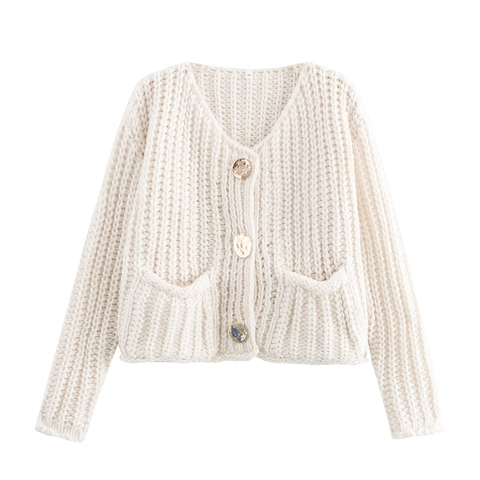 Cárdigan de Punto Grueso para Mujer Cuello en V Suéter de Manga Larga Con Botones Dorados Y Bolsillos Color Sólido Casual Cálido