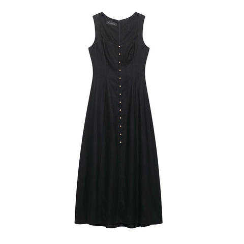Damen Elegant Ärmellos Midi Kleid Eckiger Ausschnitt Einreihig Einfarbig Polyester-Mischung A-Linie Partykleidung
