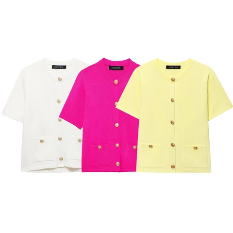 Cardigan a Maniche Corte da Donna Elegante Girocollo Tinta Unita Top con Bottoni Dorati e Tasche Slim Fit Streetwear Maglieria