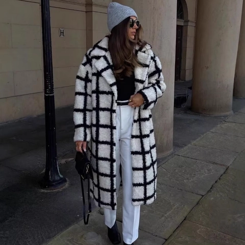 Abrigo Largo de Peluche Teddy a Cuadros Blanco y Negro para Mujer Solapa de un Solo Pecho Chaquetas Cálidas de Sherpa