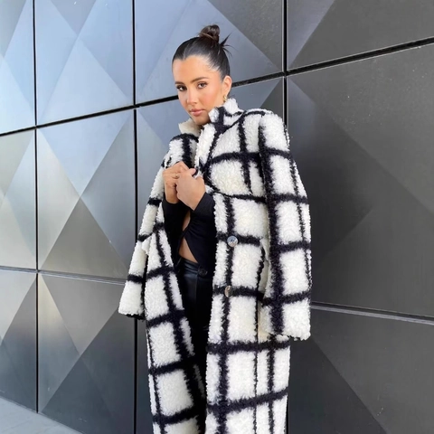 Abrigo Largo de Peluche Teddy a Cuadros Blanco y Negro para Mujer Solapa de un Solo Pecho Chaquetas Cálidas de Sherpa